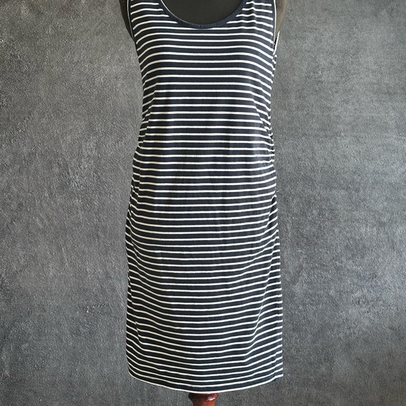 Striped Navy Blue and White Sleeveless Dress, Maternity Casual - Picture 1 of 9